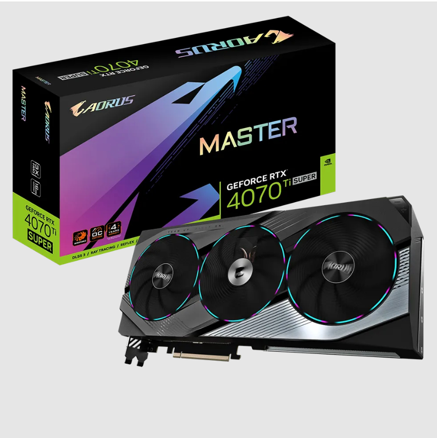  nVIDIA GeForce RTX 4070 Ti SUPER AORUS MASTER 16G<br>Clock: 2670 MHz, 1x HDMI/ 3x DP, Max Resolution: 7680 x 4320, 1x 16-Pin Connector, Recommended: 750W  